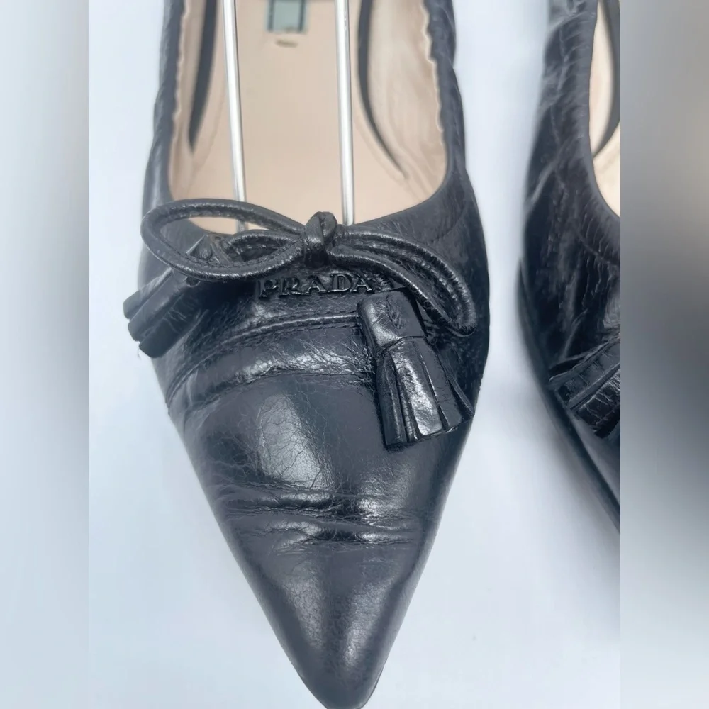 Prada Black Leather Cap toe logo embellish bow tie stretch ballerina flats EU 38
